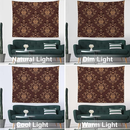Batmerry Brown Damask Floral Tapestry, Vintage Golden Brown Damask Pattern Wall Art Hanging Decoration Polyester Fiber White Ruffled Around For Dorm Room Bedroom Living Room, 35 X 47 Inches