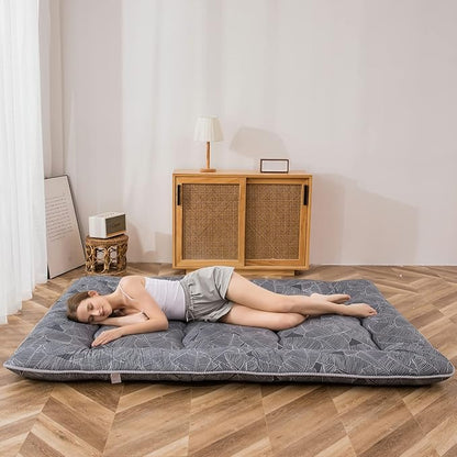 MAXYOYO Japanese Floor/Futon Mattress Thicken Sleeping Pad Roll Up Mattress Floor Lounger Bed Camping Mattress Guest Room Mattress Pad, Thick Soft and Comfortable, Black Leaf, Twin Size