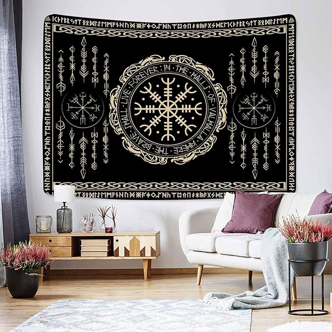 OSUNBD Nordic Vikings Tapestry Small 60x40inches Soft Flannel Vegvsir Symbol Amulet Celtic Rune Scandinavian Aesthetic Mythology Tapestry Wall Hanging for Bedroom Living Room Decor