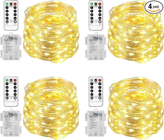 Homemory 4 Pack 20 Ft 60 LED Fairy Lights Battery Operated Christmas Lights with Remote Waterproof 8 Modes Firefly Twinkle String Lights for Party Bedroom Wedding Halloween Decorations