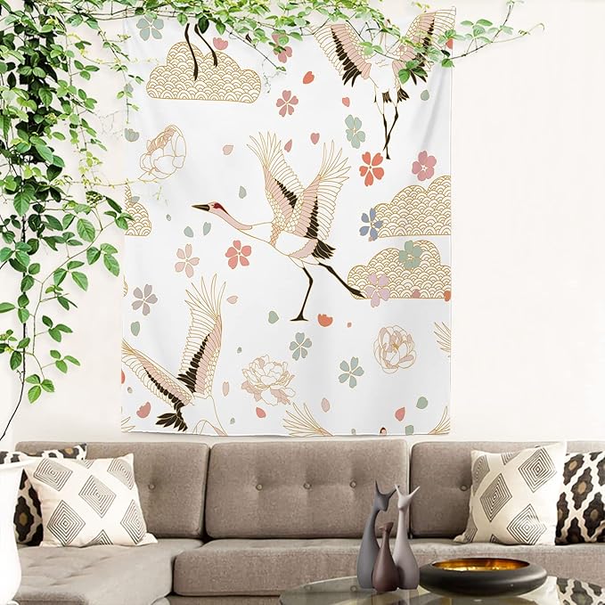 Batmerry White and Gold Japanese Tapestry,Rustic Wall Art Hanging Decoration Polyester Fiber White Ruffled Around for Dorm Room Bedroom Living Room, 59.1x39.4 inches