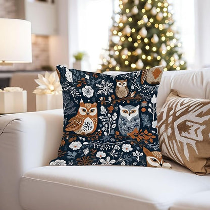 Ethan Taylor Animals Throw Pillow Soft Cushion Cover 'Own Garden Birds Owl' Scandinavian Pattern Decorative Square Accent Pillow Case, 16x16 Inches, Blue, Orange