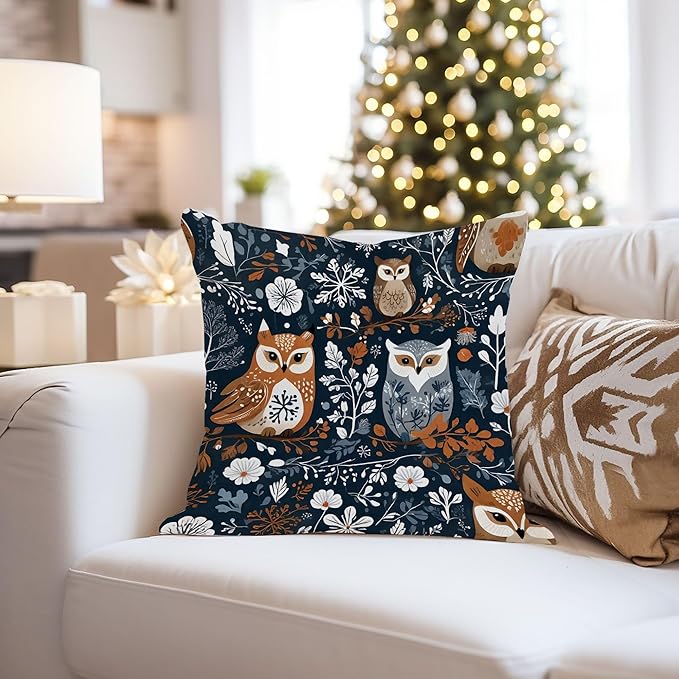 Ethan Taylor Animals Throw Pillow Soft Cushion Cover 'Own Garden Birds Owl' Scandinavian Pattern Decorative Square Accent Pillow Case, 18x18 Inches, Blue, Orange
