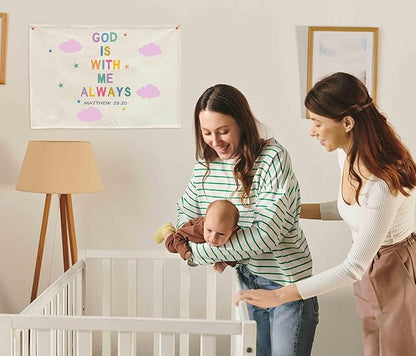Christian Bible Verse Scripture Rectangular Banner Flag Wall Sign Decor Gift for Baby Girls-Nursery Baby Room Bedroom Decor-Baby,Shower Birthday Christmas Gift-God Is with Me Always
