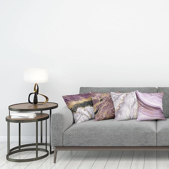 Ambesonne Marble Print Throw Pillow Cushion Case Pack of 4, Quartz Inspired Design of Stone Surface Look Print Modern Style Stained, Modern Accent Double-Sided Digital Printing, 24", Mauve Lilac Grey