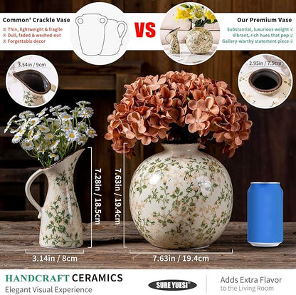 Set of 2 Vases, Green and Beige Pastoral Vintage Vase Set for Flowers, Rustic Farmhouse Decorative Vases for Home Decor, Chinoiserie Floral Vase, Living Room Table Centerpiece