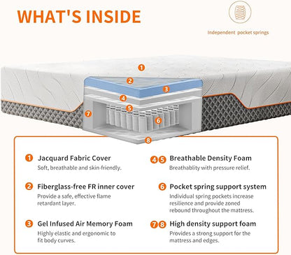 ESHINE Adjustable Bed Frame + 14" Hybrid Mattress Twin XL - Luxury Gel Memory Foam(319 Pocket Springs) with Massage, Wireless Remote, USB, Under Bed Night Light, Medium Soft, 3000 Series