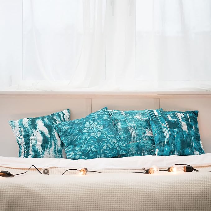 Ambesonne Vintage Throw Pillow Cushion Case Pack of 4, Abstract Grunge Effect Brushstrokes and Waving Striping Stains Paisley Drops, Modern Accent Double-Sided Digital Printing, 24", Teal Turquoise