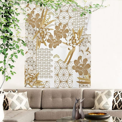 Batmerry Gold Japanese Floral Tapestry,Spring Wall Art Hanging Decoration Polyester Fiber White Ruffled Around for Dorm Room Bedroom Living Room, 59.1x39.4 inches