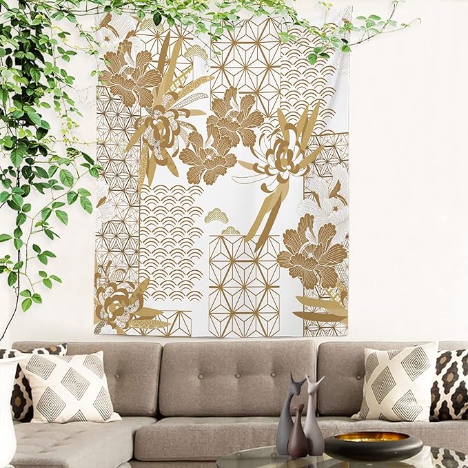 Batmerry Gold Japanese Floral Tapestry,Spring Wall Art Hanging Decoration Polyester Fiber White Ruffled Around for Dorm Room Bedroom Living Room, 82.7x59.1 inches