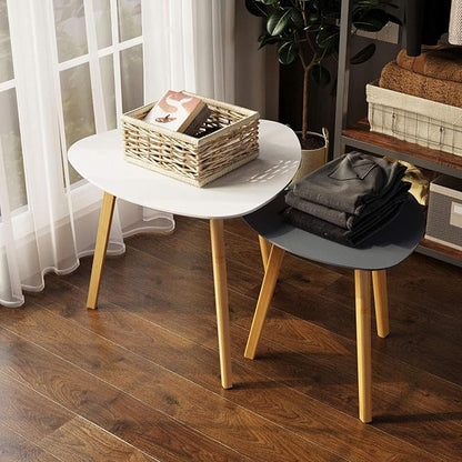 BAMEOS Bamboo Nesting Triangle End Table,Set of 2 Coffee Table Modern Minimalist Side Table for Living Room, Balcony in White & Grey