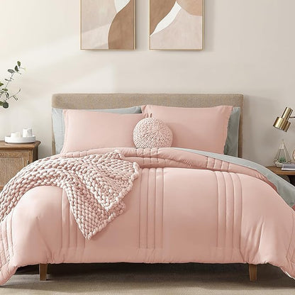Monbix Queen Comforter Set - 7 Pieces Light Pink Bed in a Bag Queen Bedding Sets with Comforters, All Seasons Down Alternative Comforter Bed Set with Sheets, Pillowcases & Shams