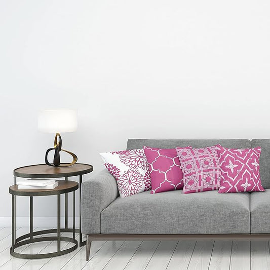 Ambesonne Vintage Throw Pillow Cushion Case Pack of 4, Monochrome Design Grid Trellis Quatrefoil Mesh and Dahlia Flowers Modern Print, Modern Accent Double-Sided Digital Printing, 24", Pink and White