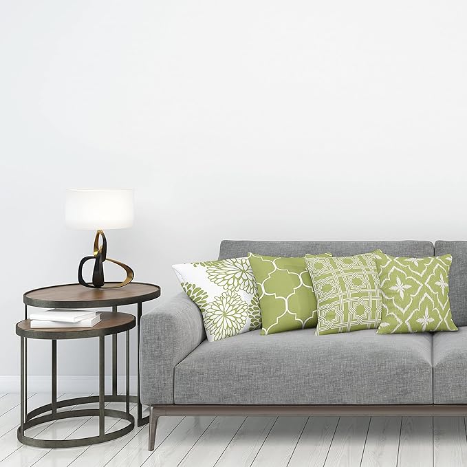 Ambesonne Vintage Throw Pillow Cushion Case Pack of 4, Monochrome Design Grid Trellis Quatrefoil Mesh and Dahlia Flowers Modern, Modern Accent Double-Sided Digital Printing, 20", Olive Green