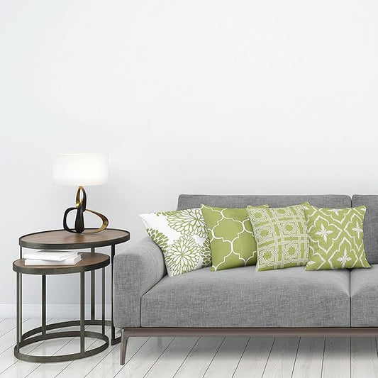 Ambesonne Vintage Throw Pillow Cushion Case Pack of 4, Monochrome Design Grid Trellis Quatrefoil Mesh and Dahlia Flowers Modern, Modern Accent Double-Sided Digital Printing, 20", Olive Green