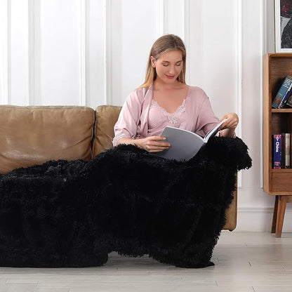 Tuddrom Decorative Extra Soft Faux Fur Blanket Twin Size 70" x78",Reversible Fuzzy Lightweight Long Hair Shaggy Fleece Blanket,Fluffy Cozy Plush Comfy Microfiber Throw Blanket for Couch Sofa Bed,Black