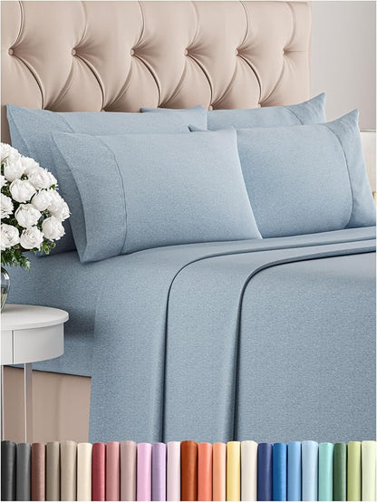 Full 6 Piece Sheet Set - Comfy Breathable & Cooling - Soft Hotel Luxury Bedding Set with 8-16 Inch Deep Pockets - 1 Flat & 1 Fitted Sheet & 4 Pillowcases - Wrinkle Free & Easy Care - Heathered Blue