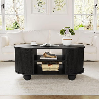 Rectangle Coffee Table, Fluted Coffee Tables for Living Room, Mid-Century Coffee Table Center Table with Storage & Sliding Doors for Apartment, Home Office (Black)