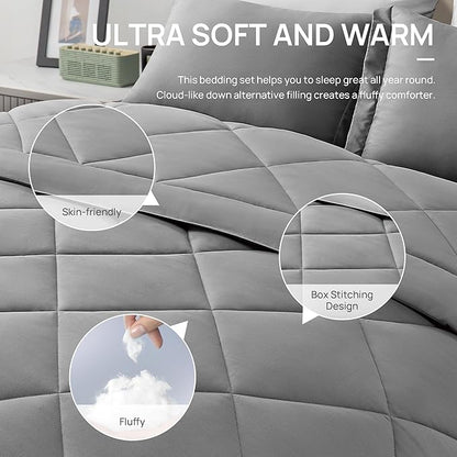 Love's cabin Full Comforter Set Grey, 7 Pieces Full Bed in a Bag, All Season Bedding Sets with 1 Comforter, 1 Flat Sheet, 1 Fitted Sheet, 2 Pillowcase and 2 Pillow Sham