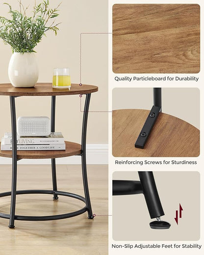 VASAGLE Side Table, 2-Tier Round End Table, Nightstand with Steel Frame for Small Spaces, Living Room, Bedroom, Honey Brown and Ink Black
