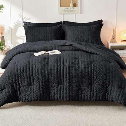 HYMOKEGE Black Full Size Comforter Sets Seersucker 7 Pieces, All Season Luxury Bed in a Bag for Bedroom, Bedding Set with Comforters, Sheets, Pillowcases & Shams