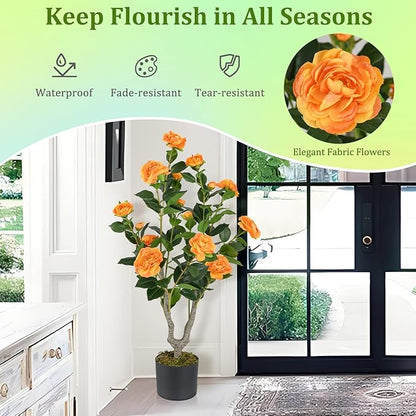 GOFLAME 3FT Artificial Camellia Tree, Faux Camellia Plant with Orange Flowers, Solid Wood Trunk, Realistic Moss, Greenery Potted Decoration Tree for Indoor Outdoor Home Porch Front Door