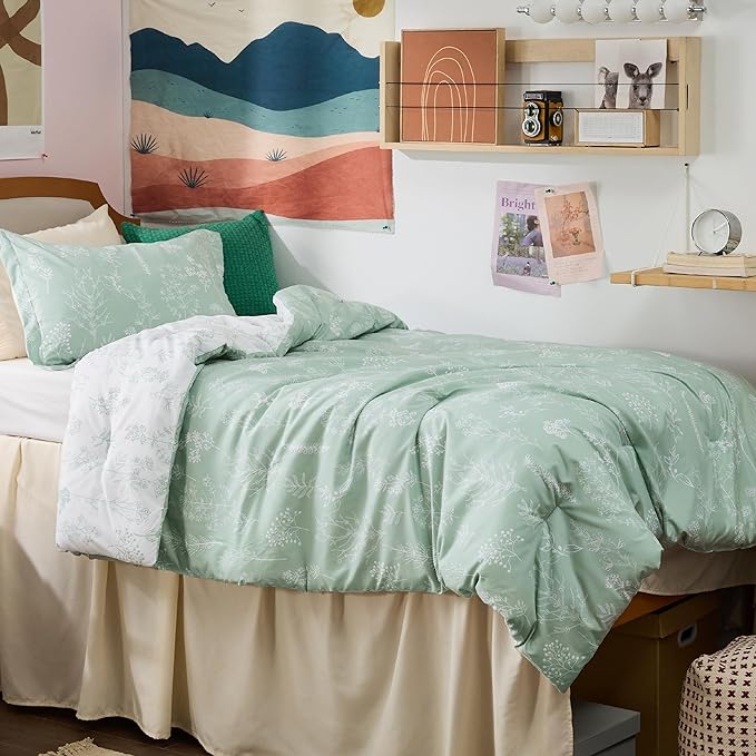Bedsure Twin/Twin XL Comforter Set - Sage Green Bed Set, 2 Pieces Cute Floral Bedding, 1 Soft Reversible Botanical Flowers Comforter and 1 Pillow Sham