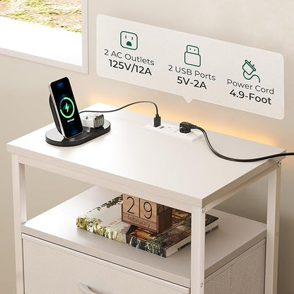 Huuger Night Stand with Charging Station, Multiple Drawer Dresser for Bedroom, Bedside Table, Tall Nightstand with PU Leather Finish, Open Shelf, End Table, for Closet, Entryway, Bedroom, White
