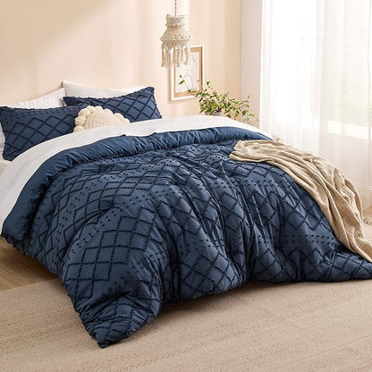 Bedsure Oversized King Comforter Set - Navy Blue Comforter, Boho Tufted Shabby Chic Bedding, 3 Pieces Vintage Farmhouse Bed Set for All Seasons, Fluffy Soft Bedding with 2 Pillow Shams