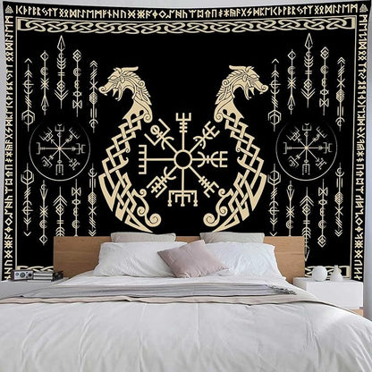 OSUNBD Viking Dragon Tapestry Ancient Rune Dragon Totem Norse Mythology Wall Art Tapestries Black Mystical Geometric Norse Mythology Tapestry Large Size 78.7”x59.1” for Bedroom Living Room Dorm