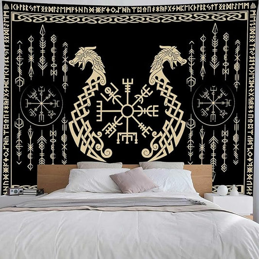 OSUNBD Viking Dragon Tapestry Ancient Rune Dragon Totem Norse Mythology Wall Art Tapestries Black Mystical Geometric Norse Mythology Tapestry Large Size 78.7”x59.1” for Bedroom Living Room Dorm