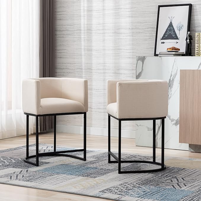 Modern Counter Height Linen Upholstered Bar Stools Set of 2, 24" Kitchen Counter Island Stools Bar Chairs with Black Metal Frame for Kitchen Island, Cream