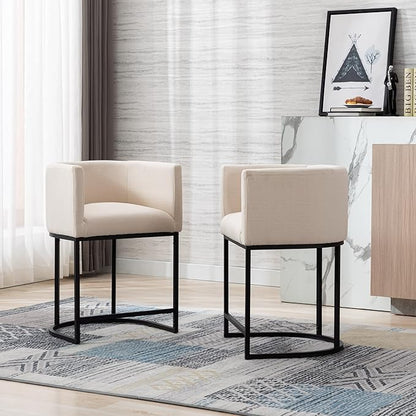 Modern Counter Height Linen Upholstered Bar Stools Set of 2, 24" Kitchen Counter Island Stools Bar Chairs with Black Metal Frame for Kitchen Island, Cream