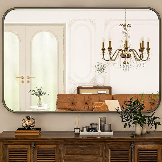 HARRITPURE Rectangular Bathroom Mirror 48''x30'' Black Bathroom Wall Mirror Aluminum Frame Wall-Mounted Mirrors for Entryway Bedroom Living Room