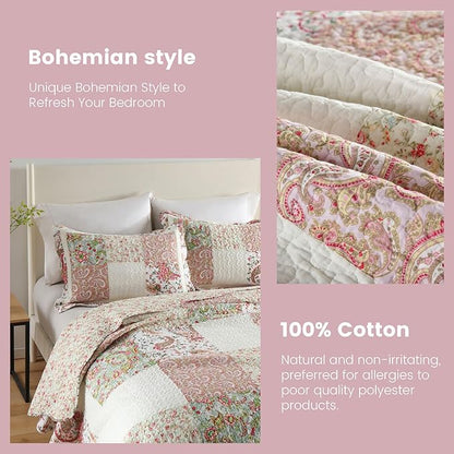 Secgo Queen Comforter Set for Bed - 100% Cotton Quilts Queen Size, Black Bedspreads (90 * 98 Inch) with 2 Pillow Shams, Patchwork Reversible Lightweight Bedding