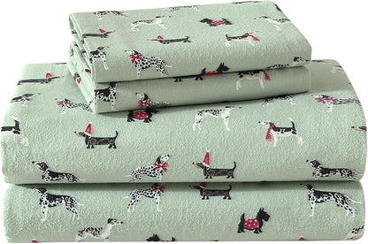 Laura Ashley - Flannel Sheets Twin Size, Anti-Pilling & Wrinkle Resistant Cotton, Touchably Soft for All-Season Comfort - Bed Sheets with Matching Pillowcase & Fitted Sheet (Holiday Pups Green)