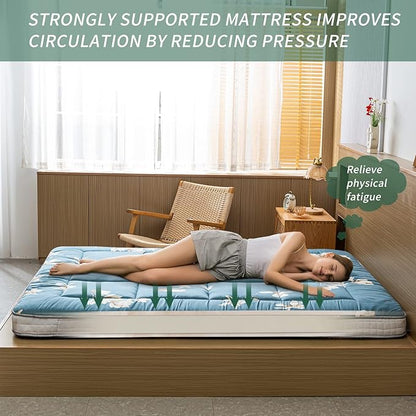 MAXYOYO Floral Printed Futon Mattress, Padded Japanese Floor Mattress Quilted Bed Mattress Topper, Extra Thick Folding Sleeping Pad Breathable Floor Lounger Guest Bed for Camping Couch, Queen Size