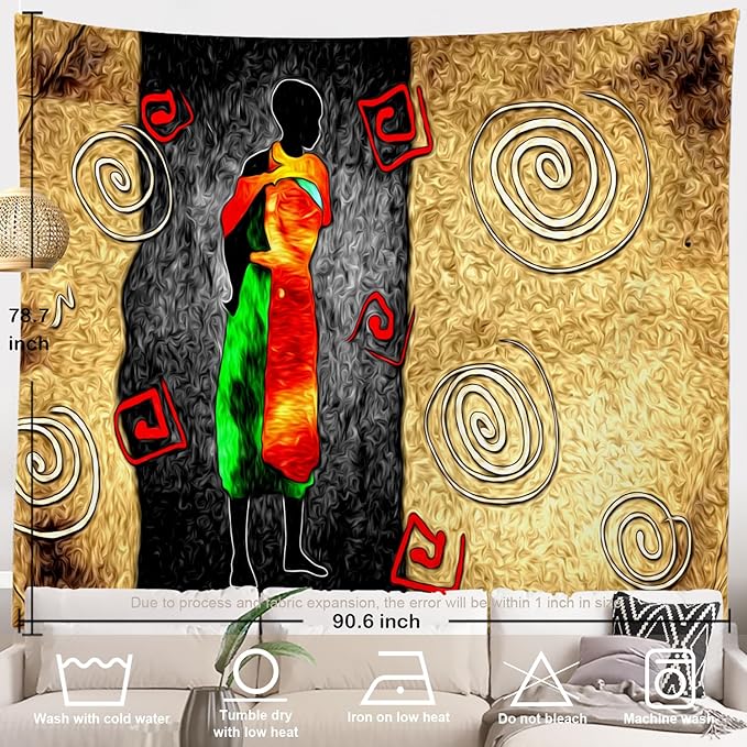 Batmerry African Ethnic Retro Tapestry, Vintage Motive Oil Landscape Fashion Wall Art Hanging Decoration Polyester Fiber White Ruffled Around For Dorm Room Bedroom Living Room, 90.6 X 78.7 Inches