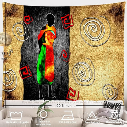Batmerry African Ethnic Retro Tapestry, Vintage Motive Oil Landscape Fashion Wall Art Hanging Decoration Polyester Fiber White Ruffled Around For Dorm Room Bedroom Living Room, 90.6 X 78.7 Inches