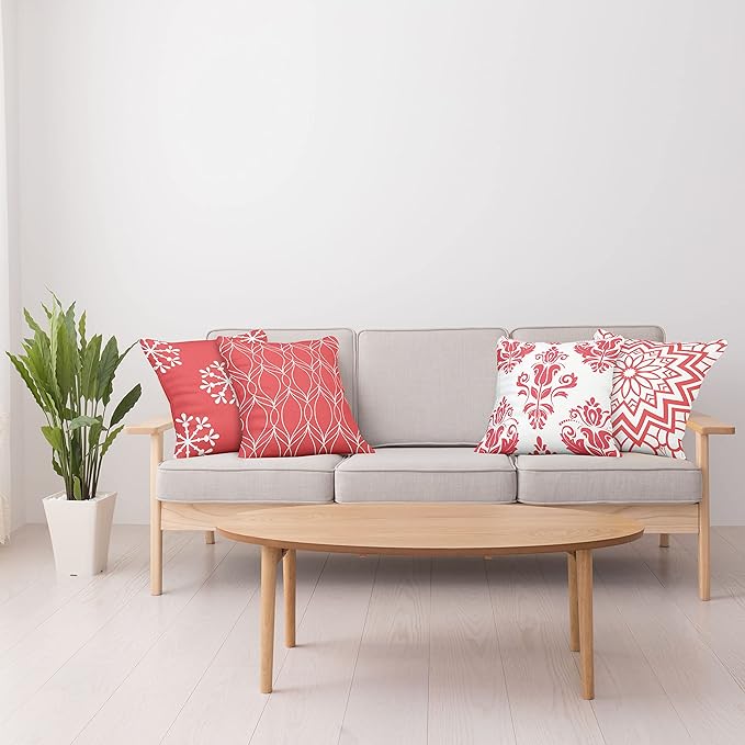 Ambesonne Retro Throw Pillow Cushion Case Pack of 4, Trellis Grid Medieval Floral Damask Mandala Flower Ornament in Modern Monochrome, Modern Accent Double-Sided Digital Printing, 20", Dark Coral
