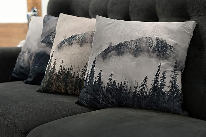 Ambesonne Mountain Throw Pillow Cushion Case Pack of 4, Misty Peaks and Hills Wild Nature Adventure Pine Forest Landscape, Modern Accent Double-Sided Digital Printing, 24", Eggshell Night