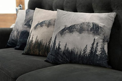 Ambesonne Mountain Throw Pillow Cushion Case Pack of 4, Misty Peaks and Hills Wild Nature Adventure Pine Forest Landscape, Modern Accent Double-Sided Digital Printing, 24", Eggshell Night