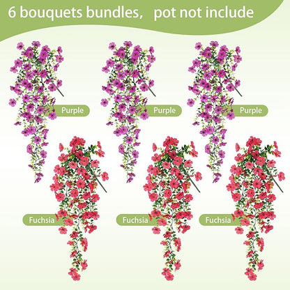 Artificial Hanging Flowers for Outdoors Faux Plants for Spring Summer Decoration,6 Bundles UV Resistant Realistic Silk Flowers Indoor Outside Garden Porch Patio Balcony Yard Farmhouse