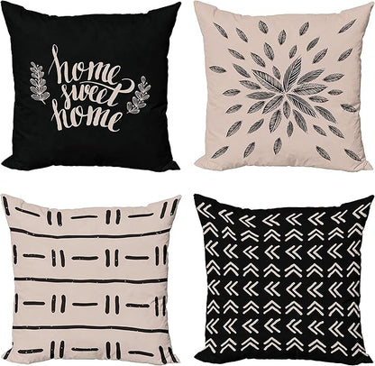 Ambesonne Modern Throw Pillow Cushion Case Pack of 4, Scandinavian Minimal Ornaments Boho Feather Leaves and Home Phrase, Modern Accent Double-Sided Digital Printing, 18", Pale Tan and Charcoal Grey