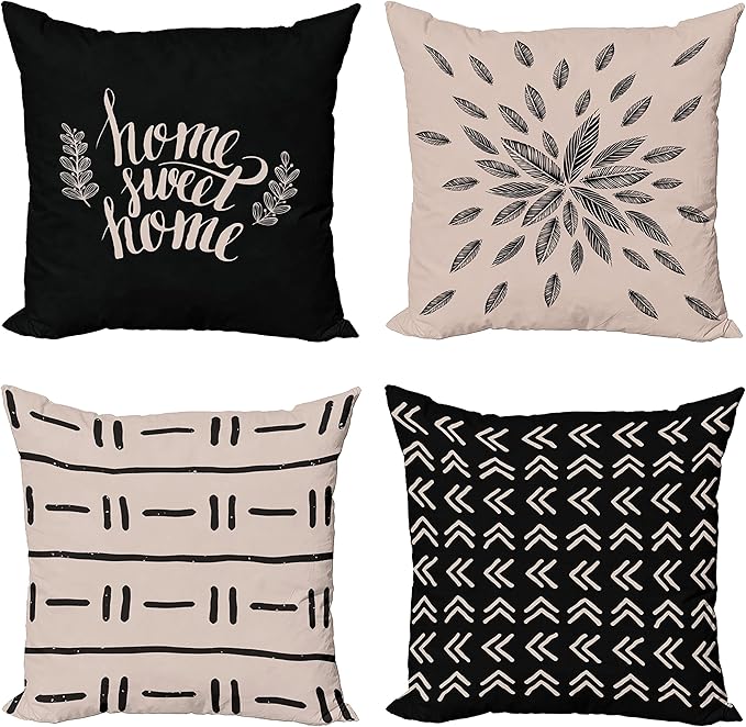 Ambesonne Modern Throw Pillow Cushion Case Pack of 4, Scandinavian Minimal Ornaments Boho Feather Leaves and Home Phrase, Modern Accent Double-Sided Digital Printing, 16", Pale Tan and Charcoal Grey