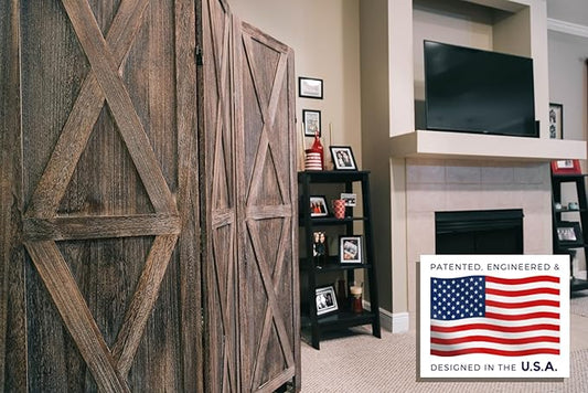 Premium Home 4-Panel Room Divider – Rustic Brown Barn Door, X Pattern Folding Privacy Screen, Partition Wall