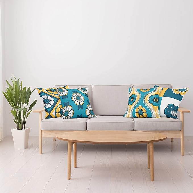 Ambesonne Vintage Throw Pillow Cushion Case Pack of 4, Nostalgic Look Abstract Flowers Squares Tile Mosaic Inspired Motif, Modern Accent Double-Sided Digital Printing, 20", Petrol Blue and Pale Orange