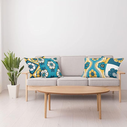 Ambesonne Vintage Throw Pillow Cushion Case Pack of 4, Nostalgic Look Abstract Flowers Squares Tile Mosaic Inspired Motif, Modern Accent Double-Sided Digital Printing, 18", Petrol Blue and Pale Orange