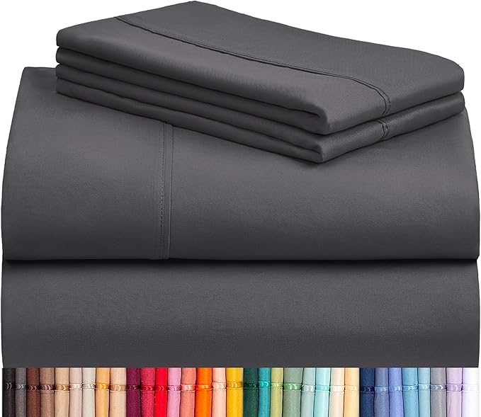 LuxClub 4 PC Queen Sheet Set, Sheets Queen Size, Deep Pockets Wrinkle Free Cooling Sheets Machine Washable Hotel Bedding Silky Soft - Dark Grey Queen