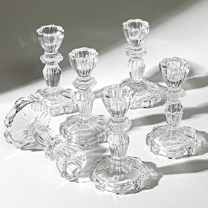 4.33" Tall Glass Candlestick Set of 6 Clear Crystal Candle Holders for Glass Taper Holder Decor for Wedding Birthday Party Christmas
